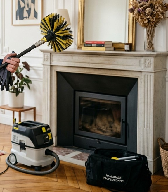 Hérisson, aspirateur à filtration et sacoche de ramonage devant un foyer fermé